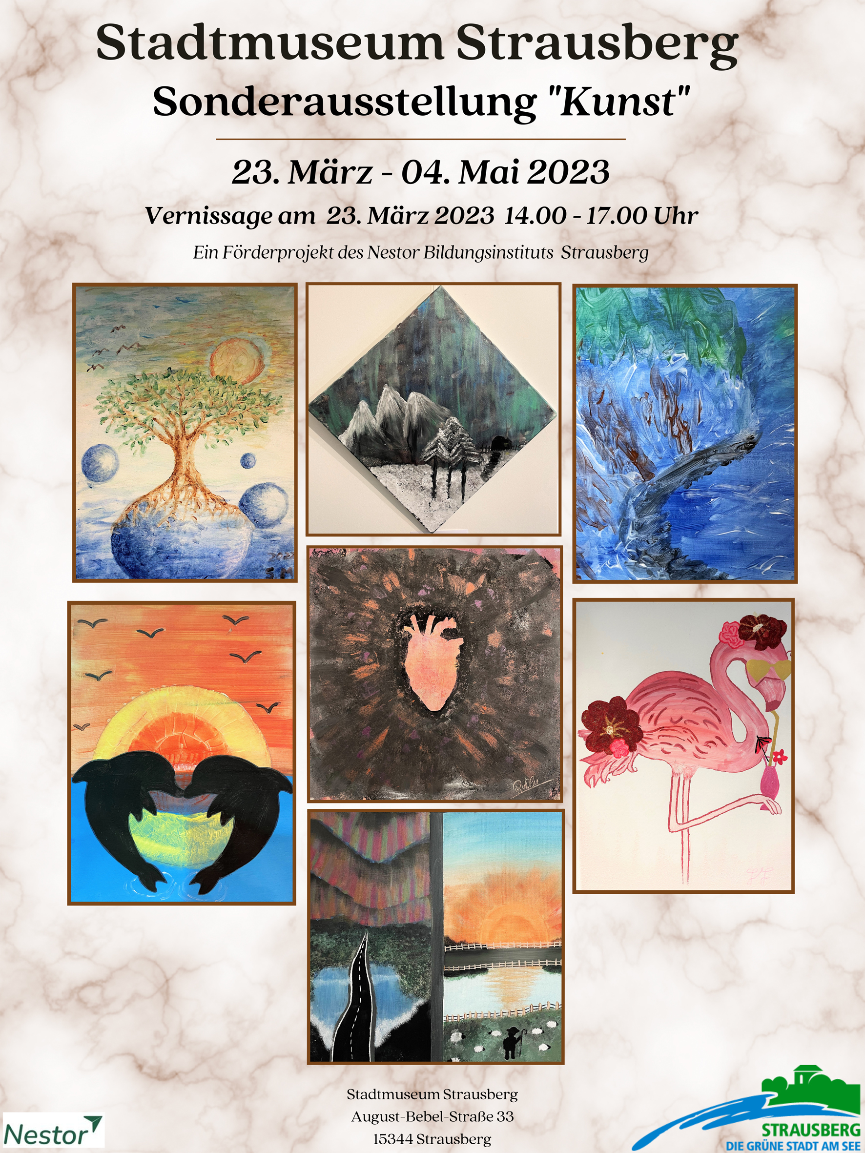 Plakat zur Sonderschau Kunst vom Nestor Bildungsinstitut im Stadtmuseum Strausberg