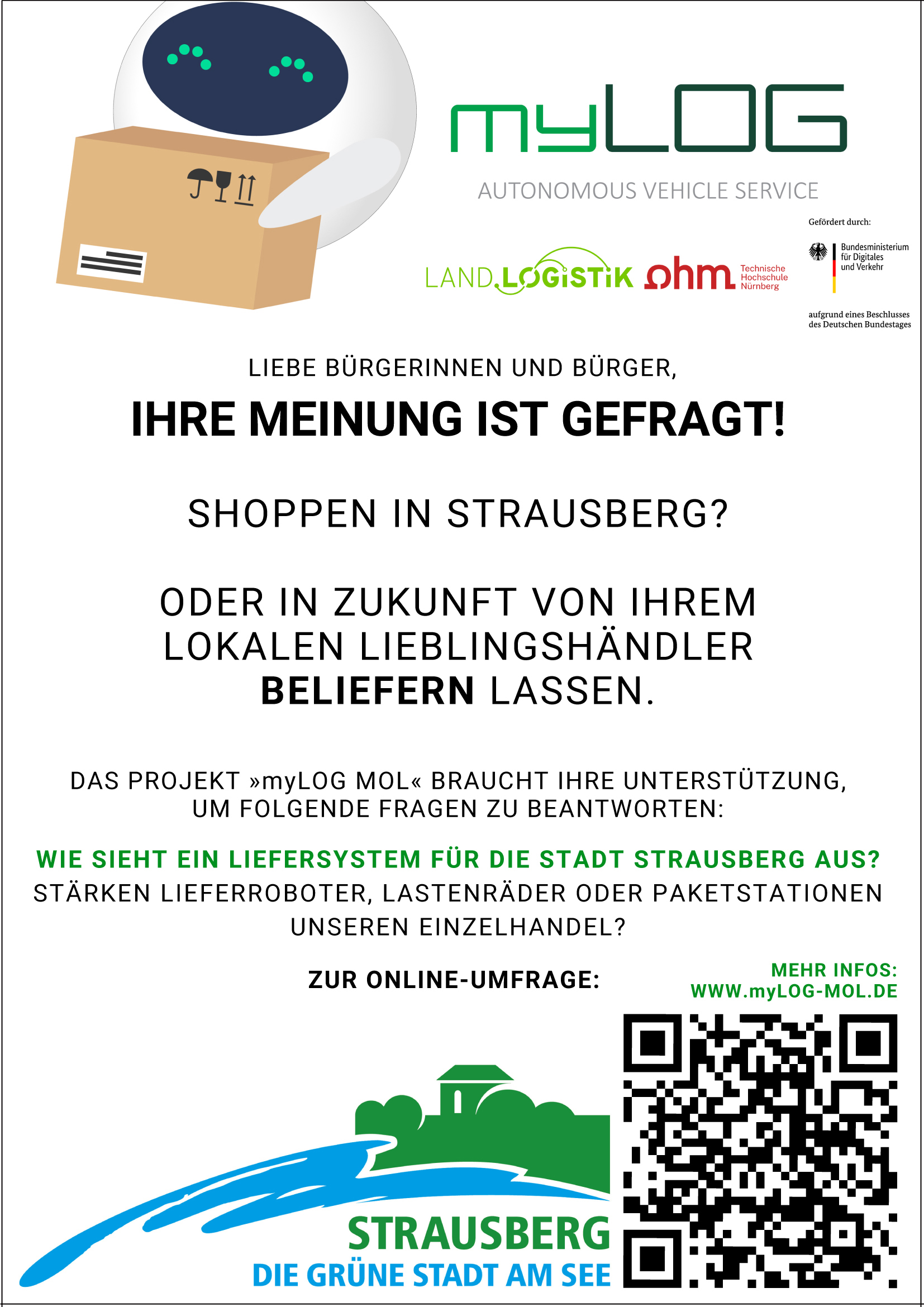Plakat zur Umfrage der LandLogistik GmbH mit Partnern zum Handel in Strausberg
